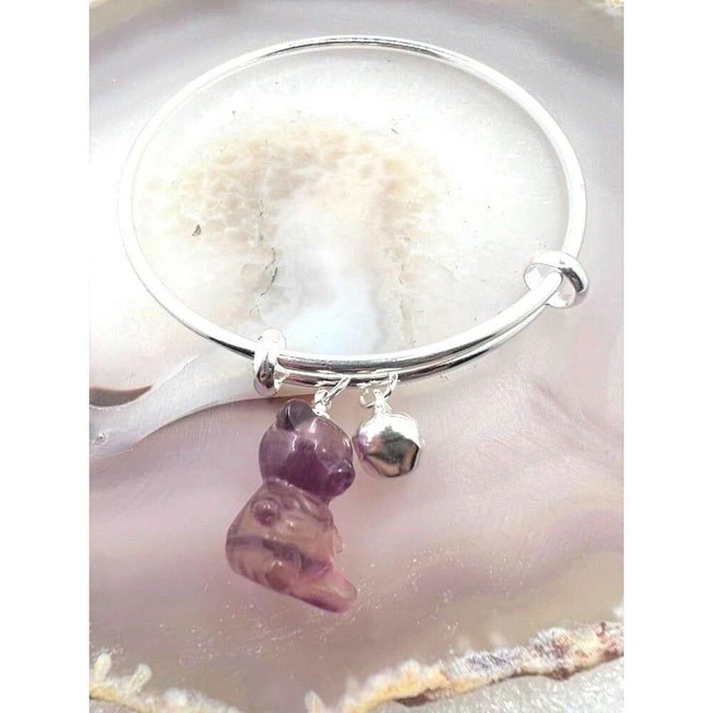 Adorable Bangle Bracelet with Fluorite Bear and Bell